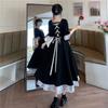 Large size women's short-sleeved skirt new retro black dress women's lisianthus long dress