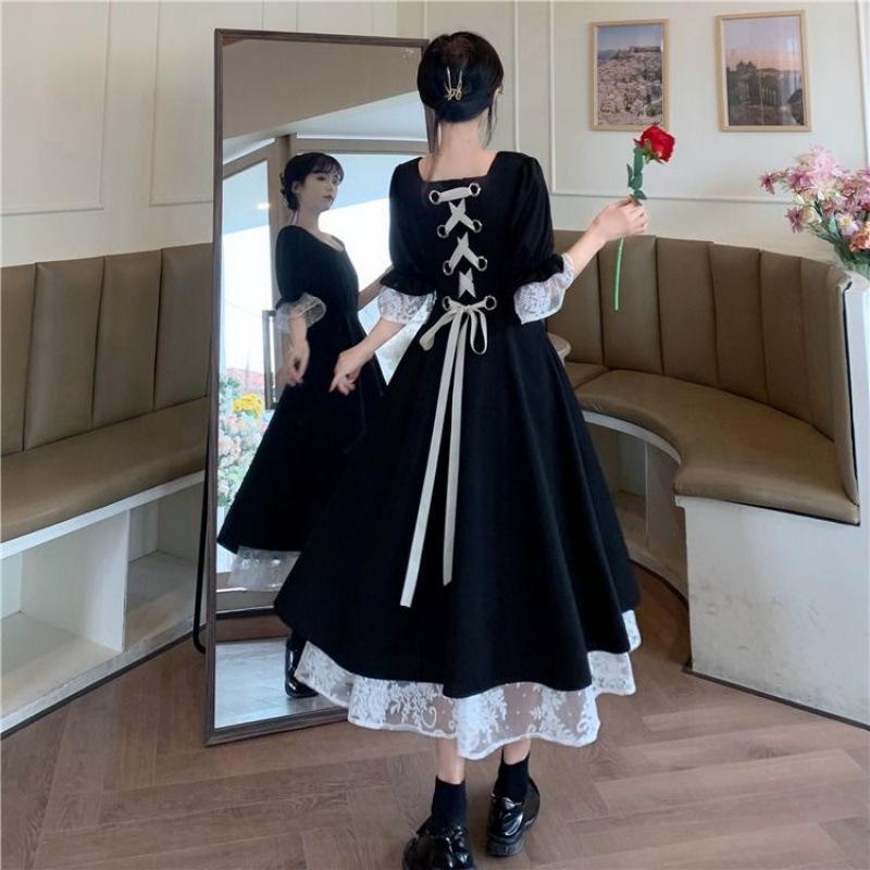 Large size women's short-sleeved skirt new retro black dress women's lisianthus long dress