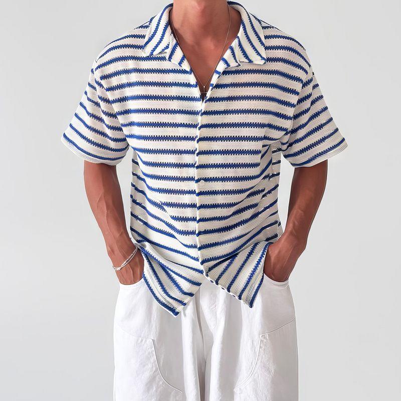 Мужская черная белая полосатая рубашка с коротким рукавом, текстурированный повседневный летний топ L синий