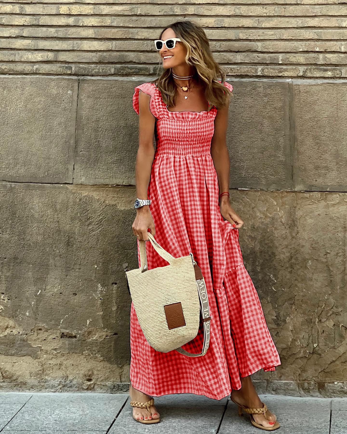 2026 Summer Women s Retro Plaid Smocked Spaghetti Strap Ruffle Hem Dress Extra Large красный