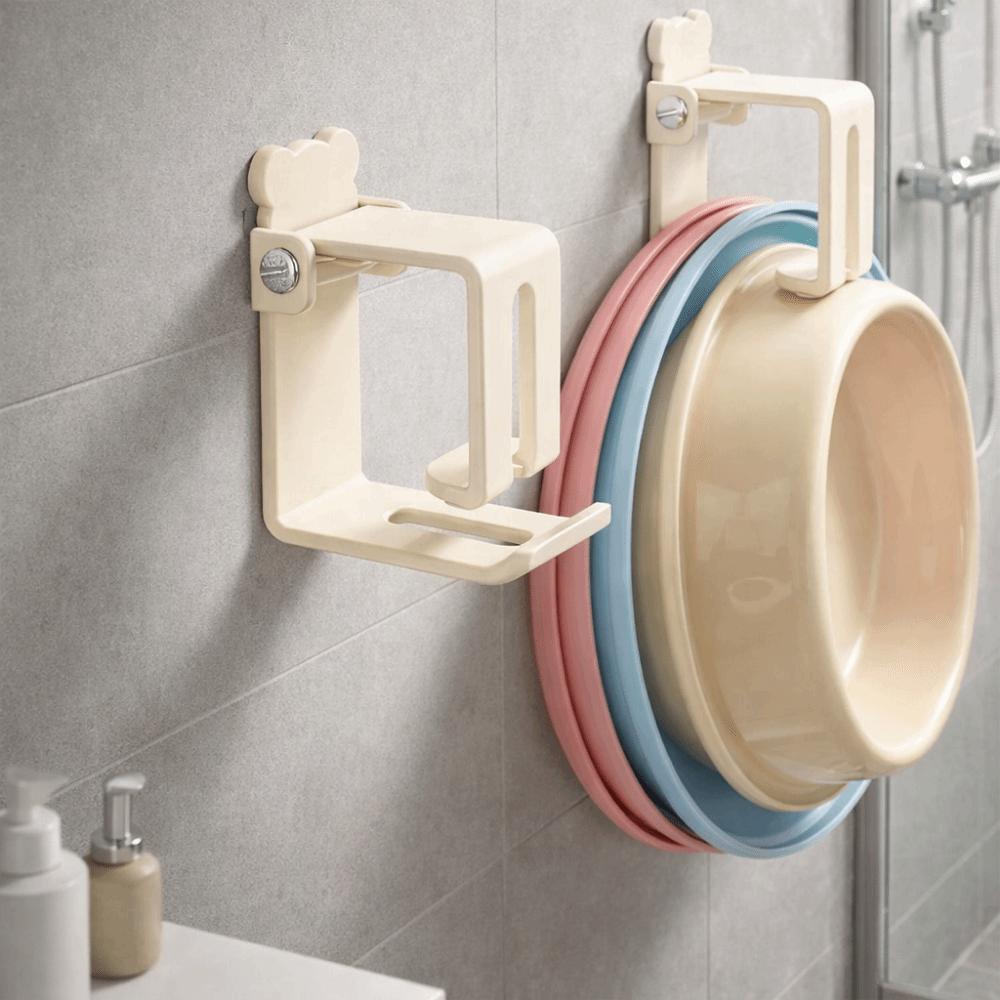 2 Pieces Carbon Steel Wash Basin Hooks Punch-Free Wall Mounted Wash Basin Holder Folding Space Saving Basin Storage Rack Toilet
