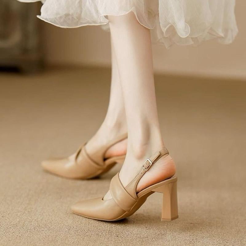 High Heeled Women's Sandals Square Toe Chunky Shoes 2025 Elegant Shallow Buckle Pumps Fashion Dress Summer Zapatillas Mujer