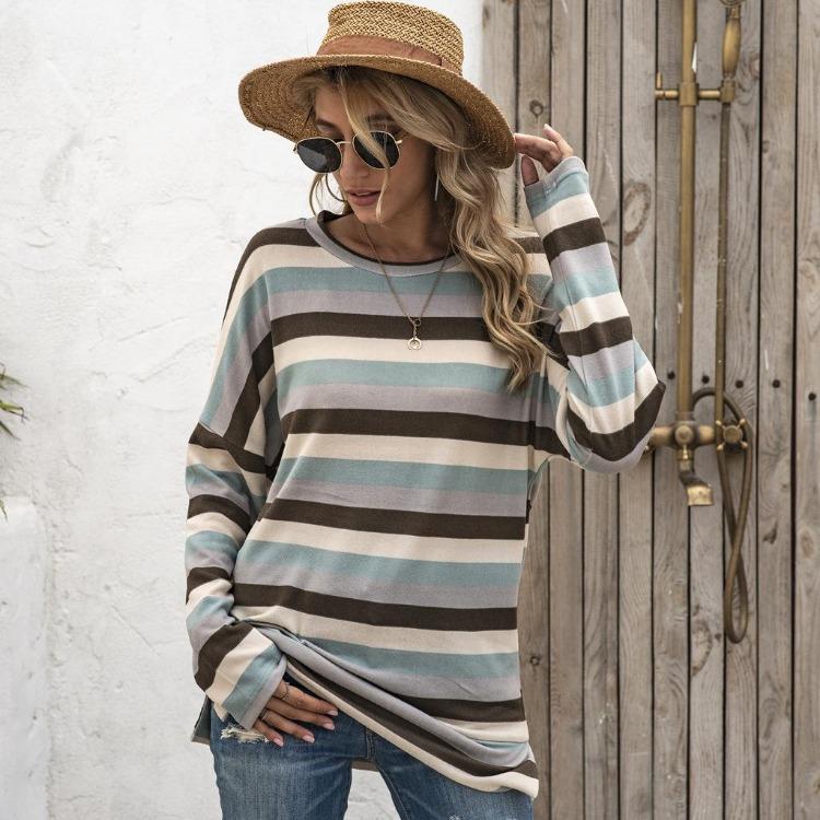 Oversize Women Loose Stripe Sweatshirt Sweater Round Neck Tshirt
