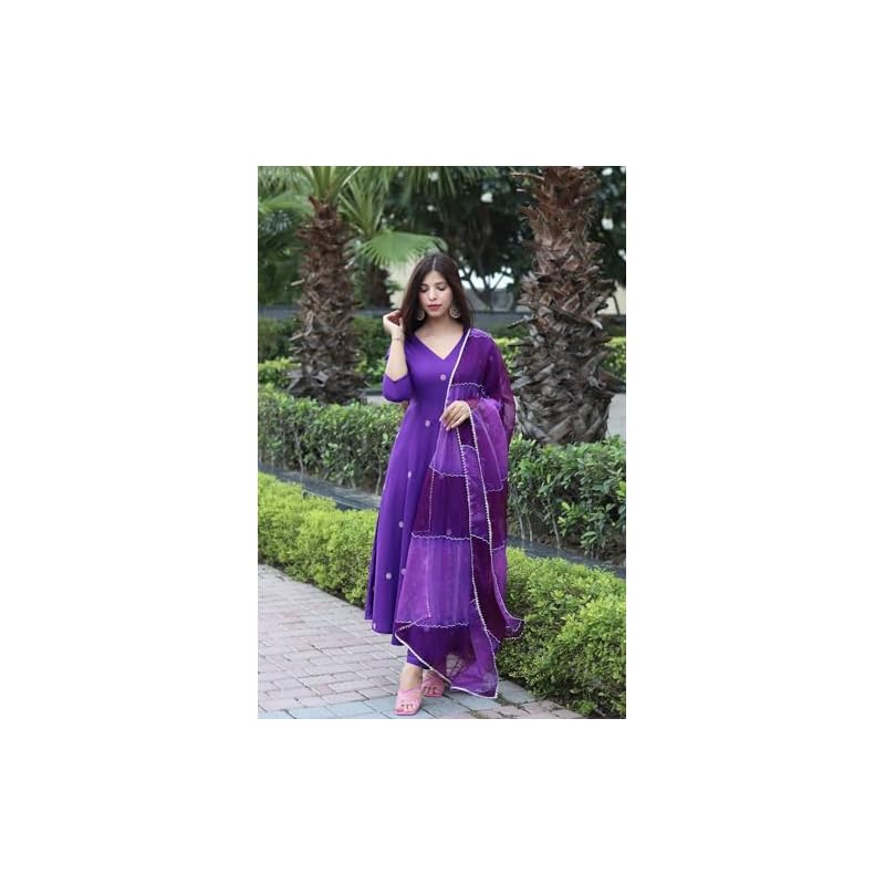 GoSriKi Women s Cotton Blend Anarkali Embroidered Kurta with Pant & Dupatta (GSK-Purple-GS_XL_Purple_X-Large) 2XL