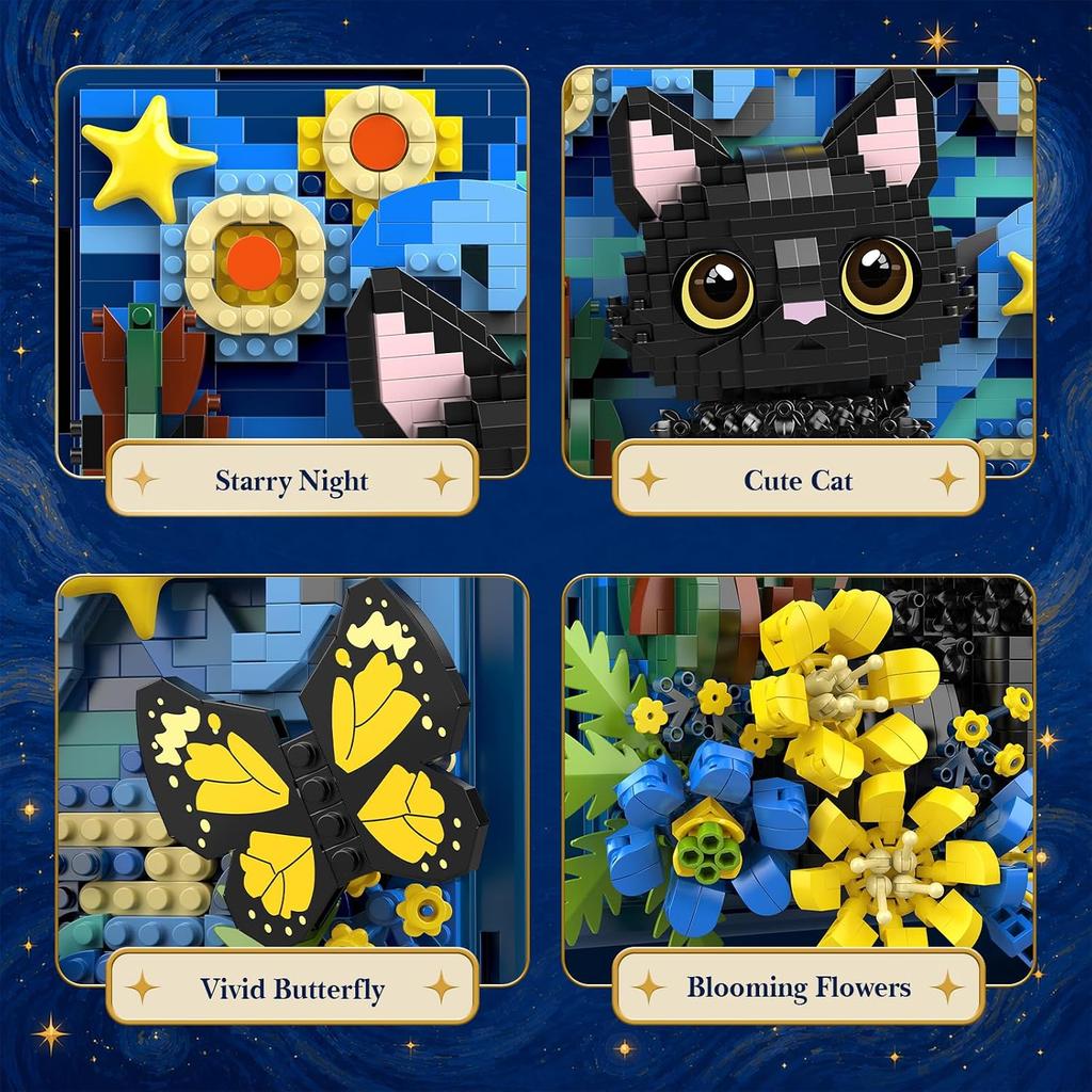 New Desgin Starry Night Black Cat Flowers 3D Wall Art Building Blocks Micro Bricks Animals Model Creative Decorations Gifts Set