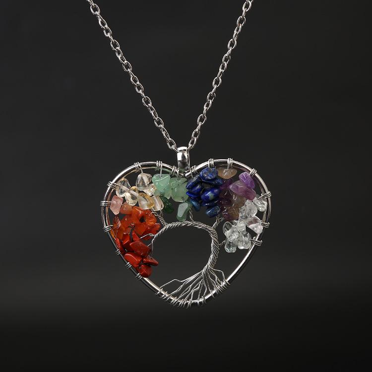 Seven-Color Heart-Shaped Tree of Life Necklace with Natural Stone Crystals