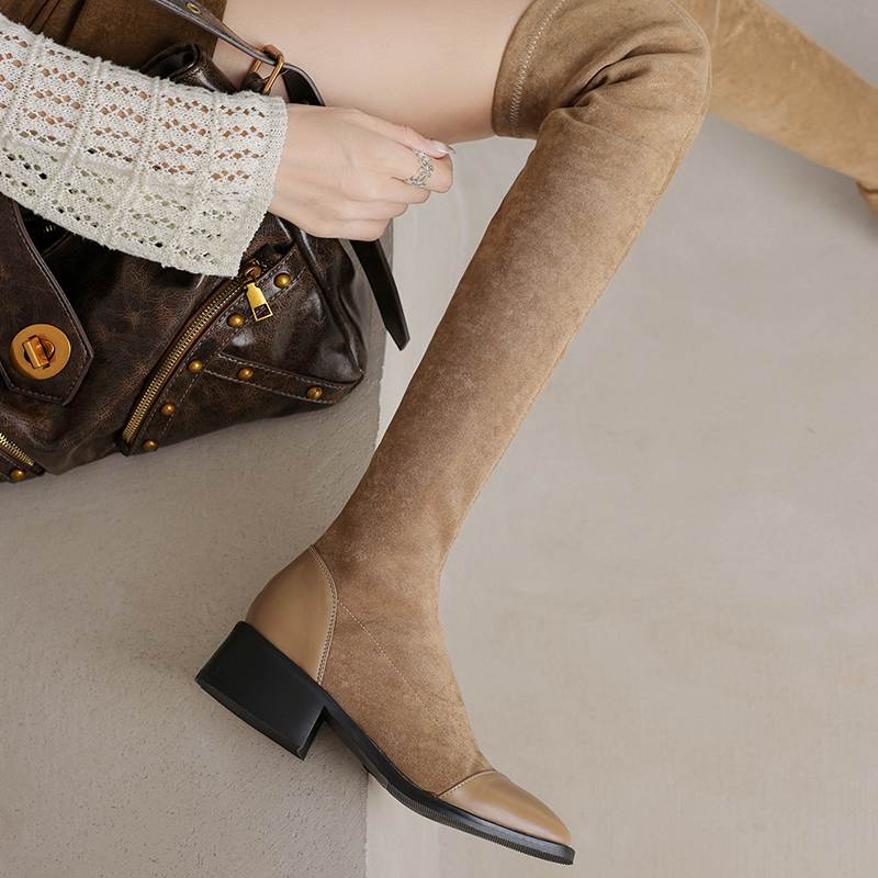 Krazing Pot Flock Autumn Winter Shoes Thick Heels Size 43 Long Boots Apricot Patch Work Stretch Over-the-knee Boots