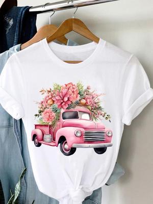 (Asiatisk storlek) T-tröja för kvinnor Valentine Flower Truck Kortärmad Modetryck Dam Kläder Fritidströja Grafiska T-shirts för kvinnor