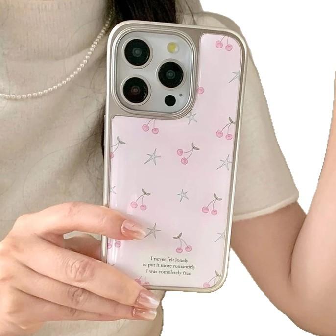 ins girl star cherry, suitable for Apple 16/17Promax mobile phone case IP15 water condensation 13 electroplating 14 large holes