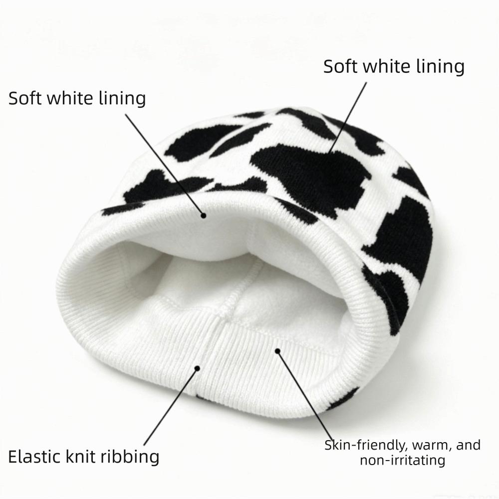 Thickened Pullover Hat Ear Protection Winter Beanie Hat Versatile Cow Pattern Knitted Hat Riding