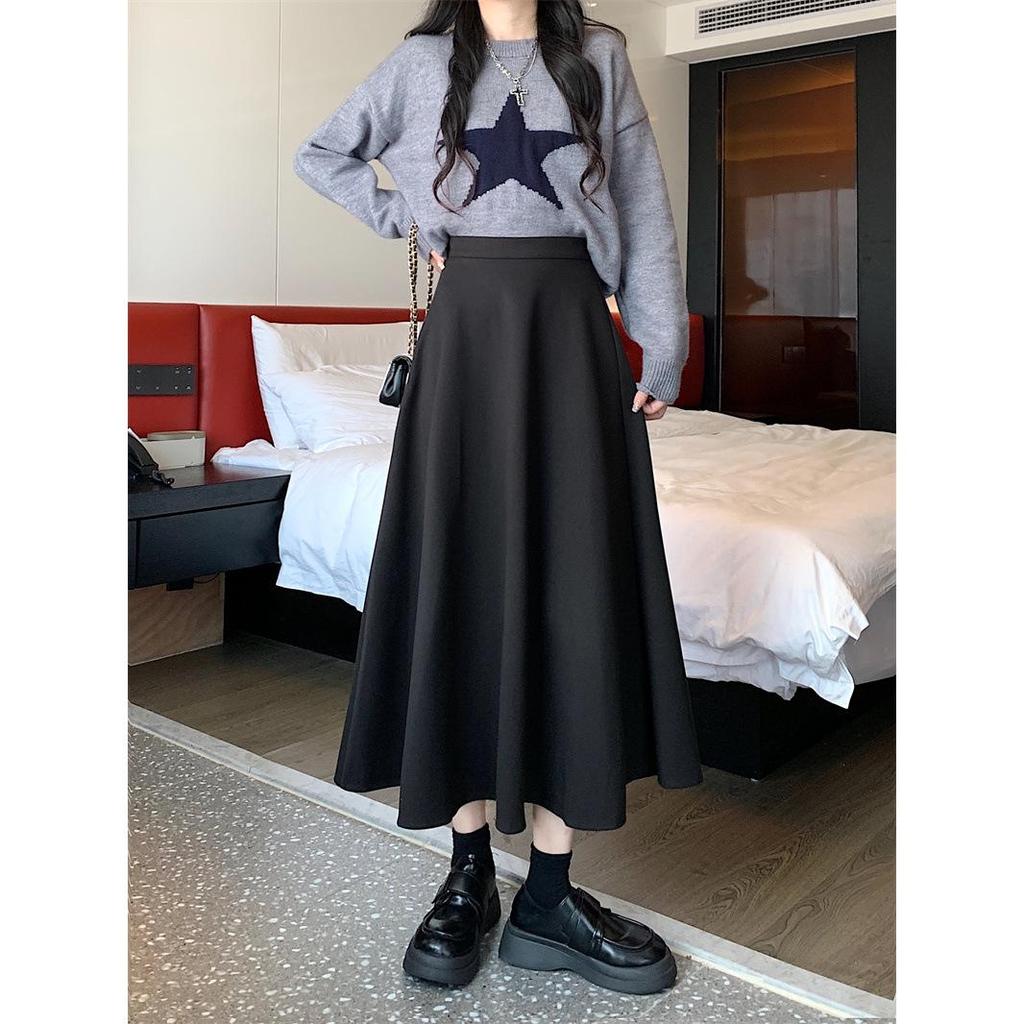 White High Waist Woolen A-line Pleated Skirt for Women - Long, Thickened, and Perfect for Autumn/Winter