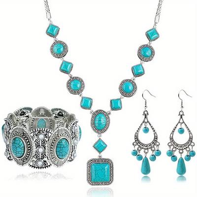Collier Bohème Turquoise Losange Rond Ensemble de Collier Bracelet Boucles d'Oreilles de Perles
