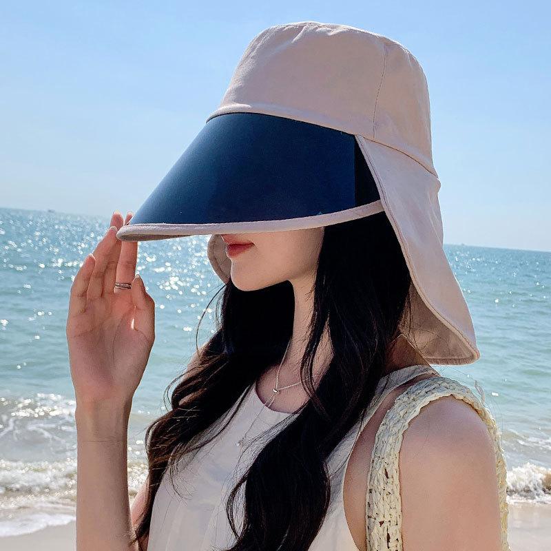 Women'S Big Eaves Anti-Ultraviolet Lenses Sun Hat Outdoor Face Covering Bucket Hat Beach Sun Protection Shawl Bucket Hat