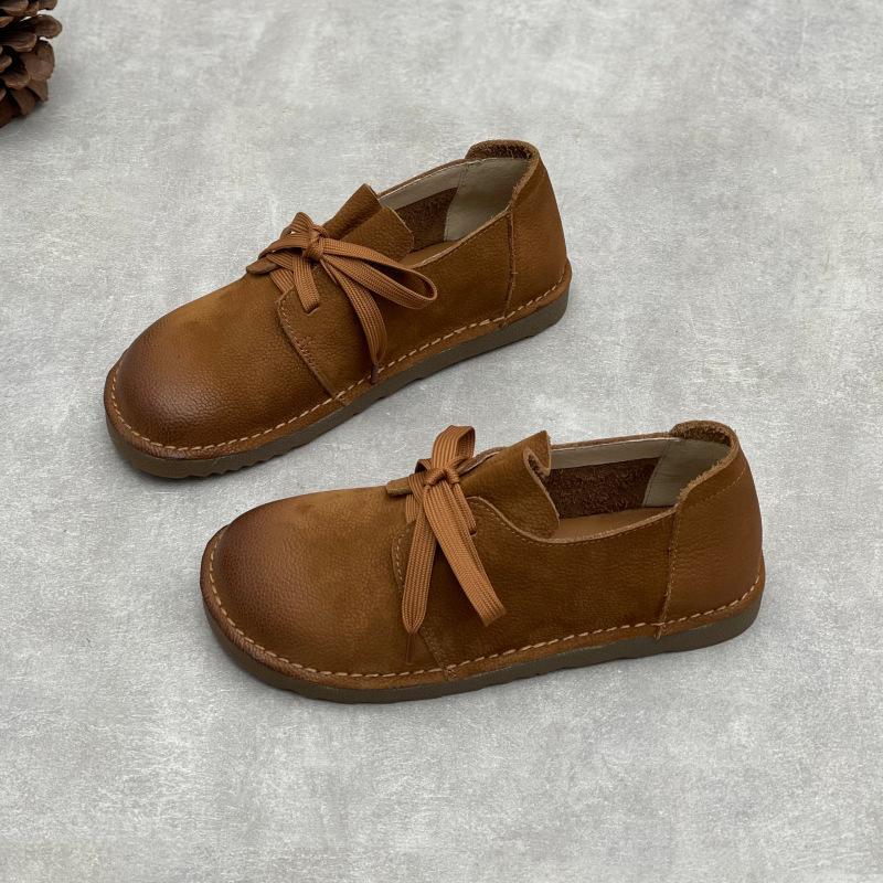 Johnature Casual Genuine Leather Lace-up Flats Round Toe Solid Color Cowhide Versatile Women's Shoes