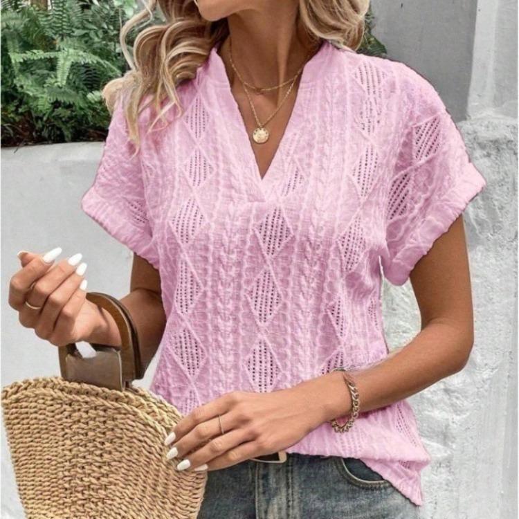 Summer V Neck Loose Women Shirt Casual Short Sleeve Hollow Jacquard Top