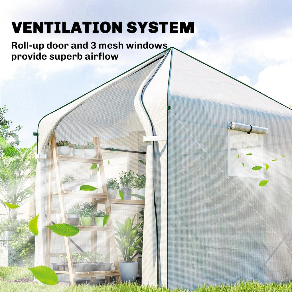 Walk-in Greenhouse for Outdoors with Steel Frame, Large Plant House with Roll-up Door and PE Ground Cover, White