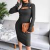 Frauen Herbst Winter Sexy Aushöhlen Einfarbig Lange Ärmel Stricken Schlank Chic Kleid SL
