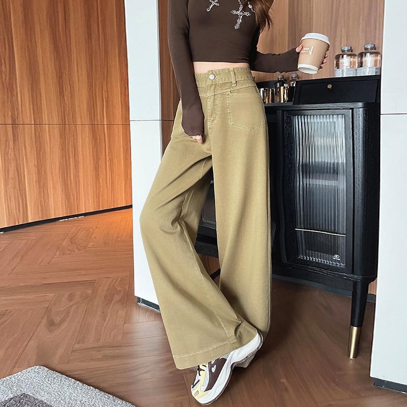 Khaki Casual Design Wide-leg Pants Denim Trousers Season New Loose High-waisted Slim Floor Pants