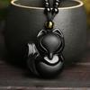 Vintage Exquisite Obsidian Fox Pendant Beaded Chain Necklace Charm Unisex Amulet Jewelry Gift