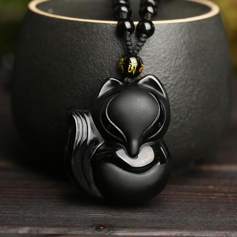 Vintage Exquisite Obsidian Fox Pendant Beaded Chain Necklace Charm Unisex Amulet Jewelry Gift