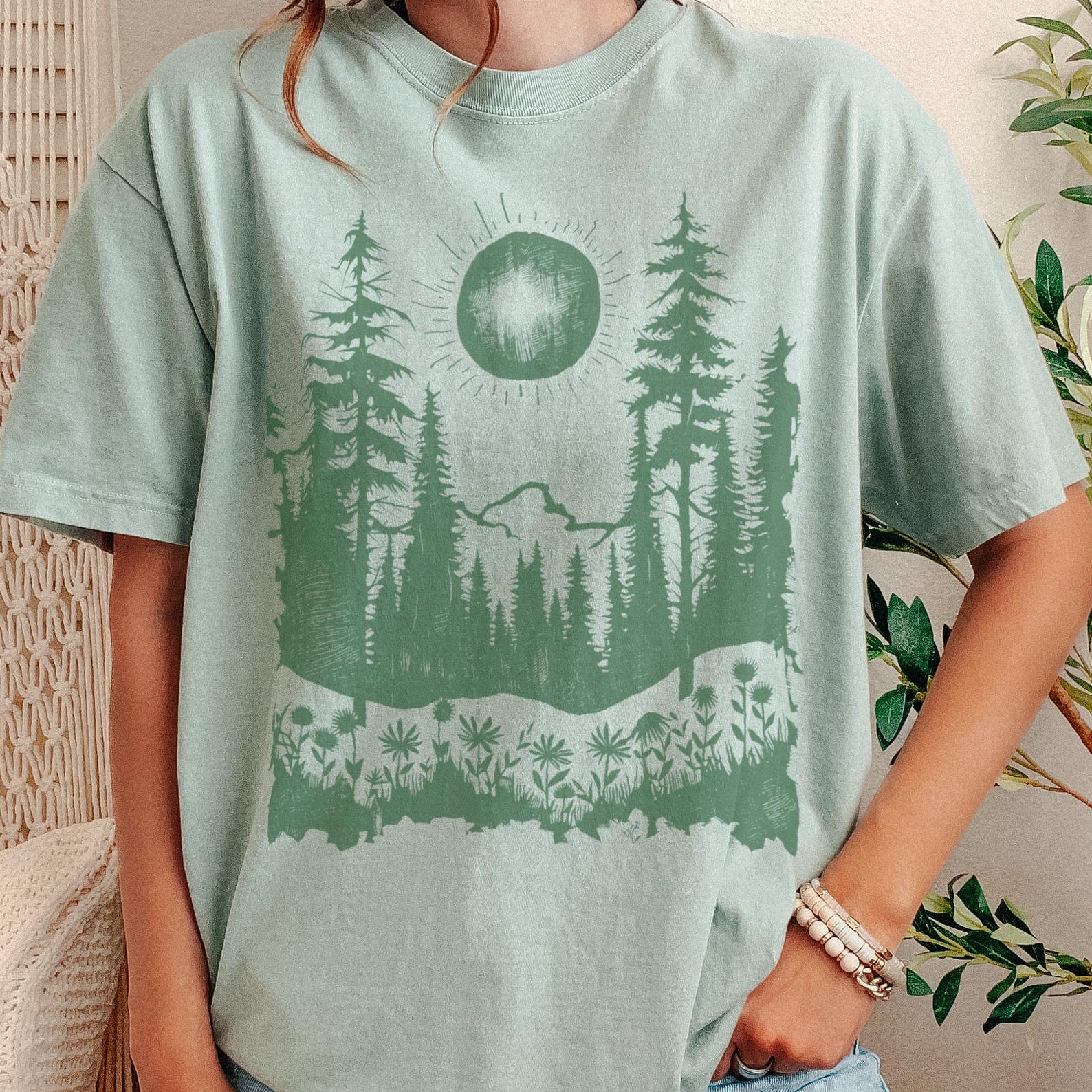 Mountain Forest Linocut T-Shirt, Nature Wildflower Graphic Tee 130