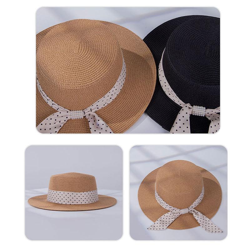 Sommarlov Platt Topp Stråhatt Rutig Rosett Stråhatt Kvinnor Vår Strand Solskyddshatt