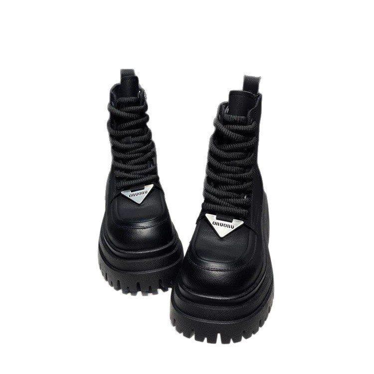 Kurzstiefel Fleece Schnürung Damenstiefel Runde Spitze Plateau Martin Boots Damen Jahres Britischer Stil Schwarz