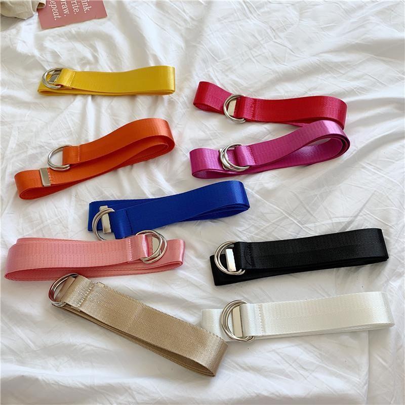 Stylish Korean Candy Color Canvas Double Ring Buckle Long Waist Belt For Men And Women
