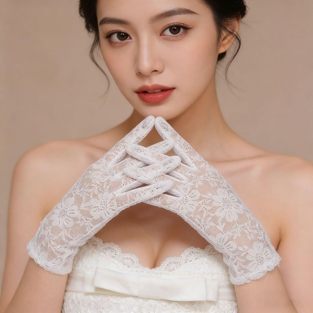 Solid Color Lace Short Gloves High Elasticity Bridal Gloves Elegant Sun Protection Gloves Outdoor