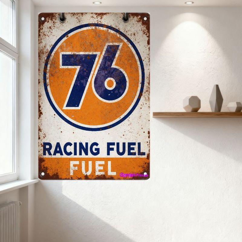 Vintage Racing Fuel Metal Tin Sign, Distressed Retro Rusty Design with Hanging Rings for Man Cave Bar Decor