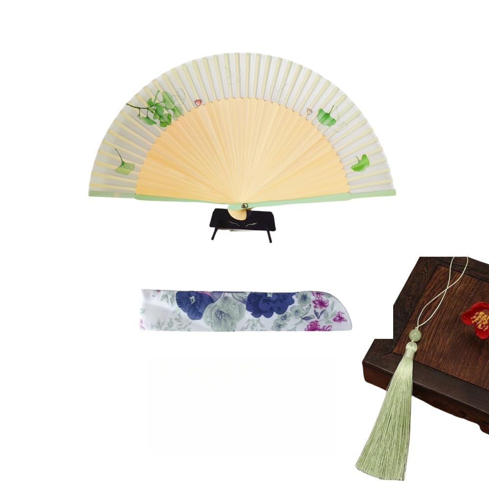 Sarkovos Light Green Folding Fan Bamboo Fan Unisex Stylish Bamboo Fan Natural Bamboo Elegant Comes with Fan Case Perfect for and Gifts Green Leaves -