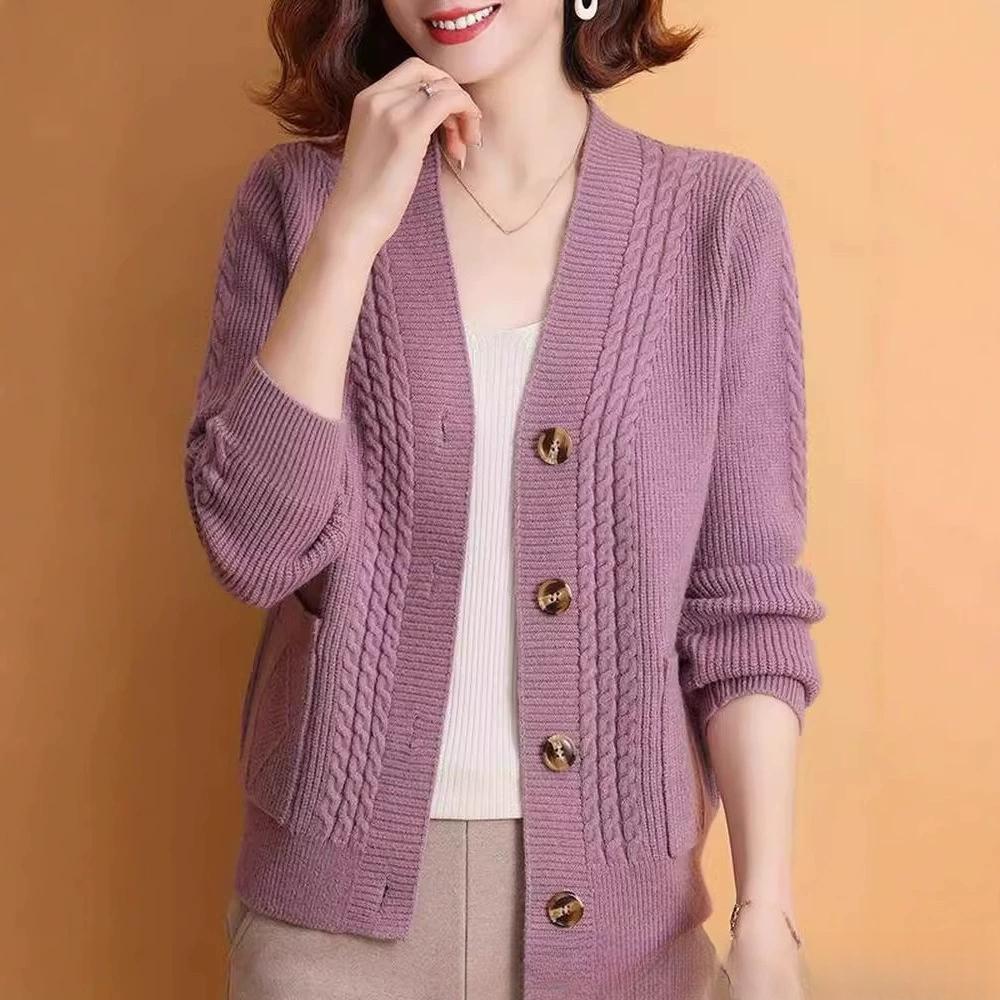 Knitted Cardigan Women's Spring and Autumn V-neck Outerwear Women's Loose Long Sleeved Loose Versatile Knitted Sweater Jacket