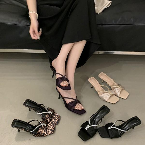 

2025 spring and autumn new fashion versatile bow women rhinestone sandals temperament socialite style fine heel high heel 40 леопардовый