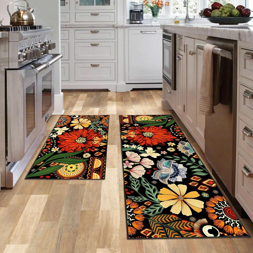 2pc Summer Flower Carpet Set Home Decoration, Anti-Slip, Stain-Resistant And Washable Floor Mat, Bathroom Indoor Rug