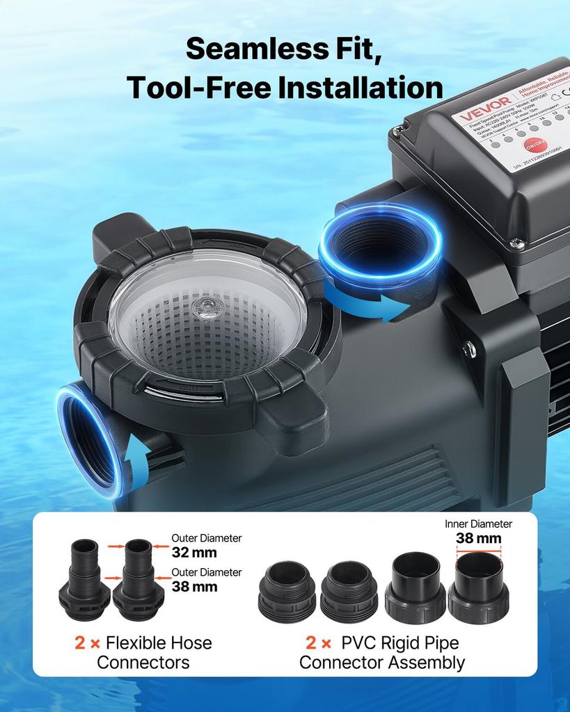 Zwembadpomp, 550W, 14.000 L/U Maximaal Debiet Enkele Snelheid Zwembadpomp, AC 220-240V, 3450 RPM, 12 m Maximale Opvoerhoogte, met 24-Uurs Timer & Filtermand, voor