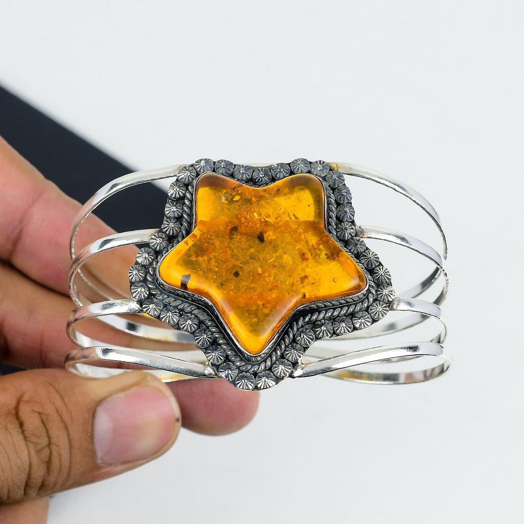 Natürlicher Bernstein Sternform Edelstein Handgefertigt 925 Sterlingsilber Armreif, Bernstein Sternform Armreif, Für Ehefrau, Unisex Armreif, Geschenke für die Liebe