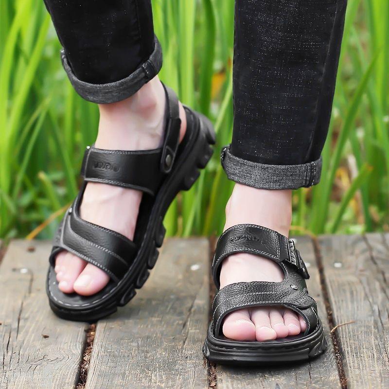 2024 Summer Shoes Men Sandals Genuine Leather Flat Non-slip Holiday Mens Footwear Soft Comfortable Black Brown D076