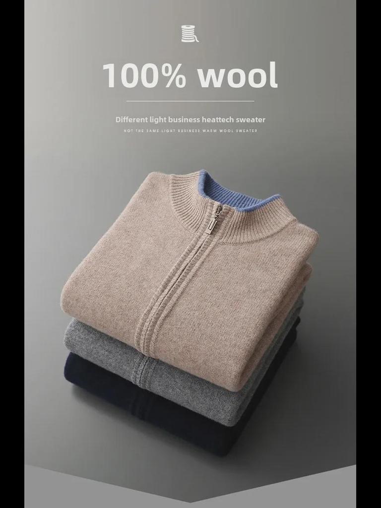Men's 100% Wool Zipper Cardigan - 2024 Autumn/Winter Double-Sided Thick Jacket
