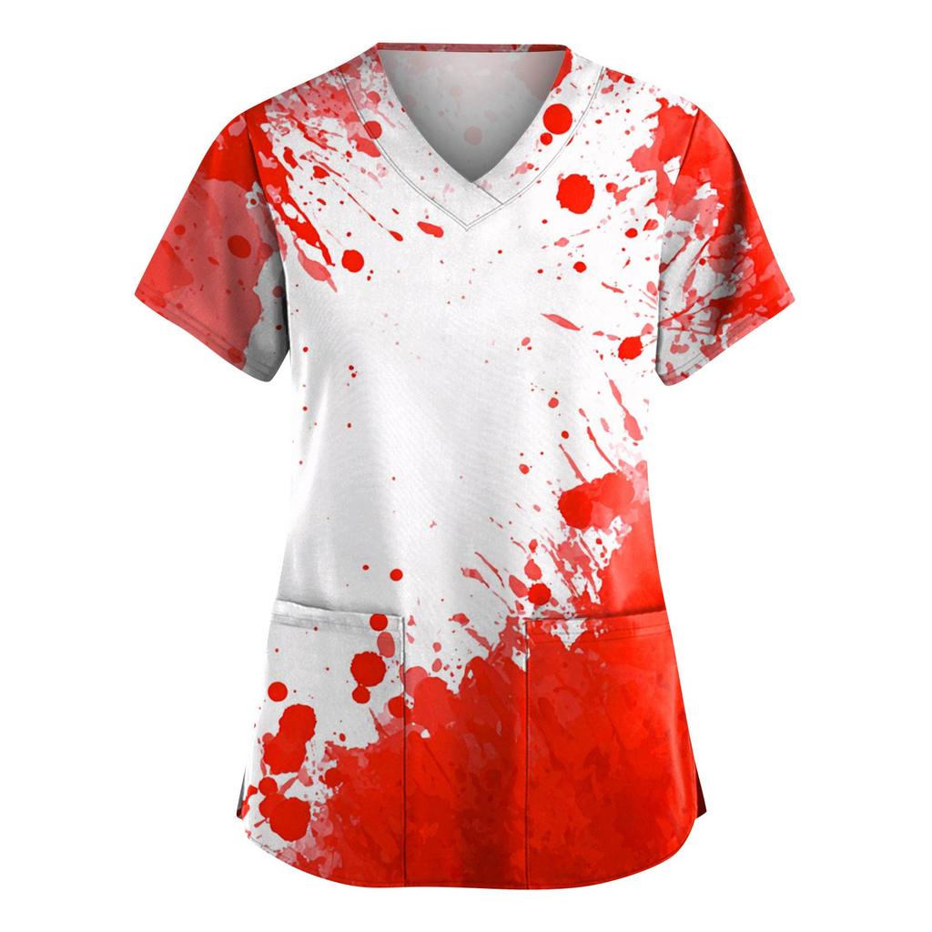 Women's Fashion V-Neck Short Sleeve Overalls With Pockets Halloween Printed Tops  Apparel