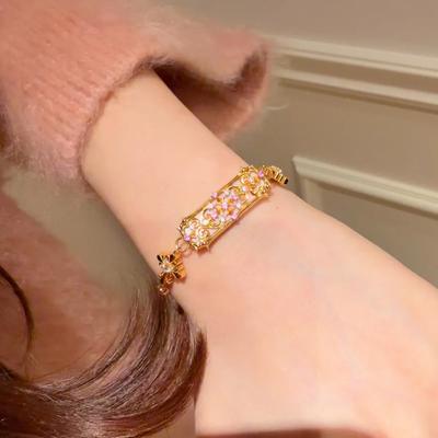 French Vintage Natural Mother of Pearl Hollow Iris Bracelet with Diamond Pink Sapphire Flower for Women