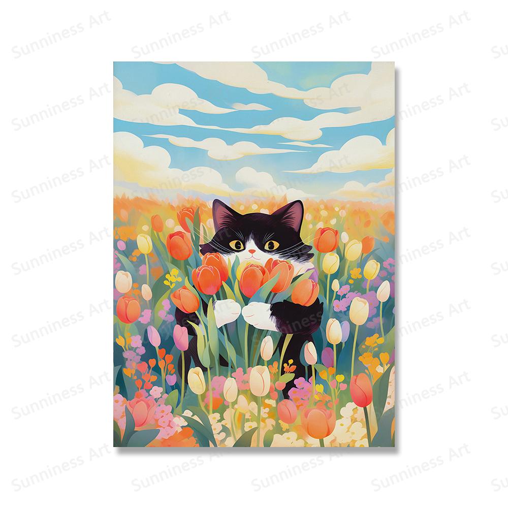 Tabby Cat Flower Market Posters and Prints Canvas Painting Cherry Blossoms Wall Art Pictures for Living Room Home Decor Cuadros