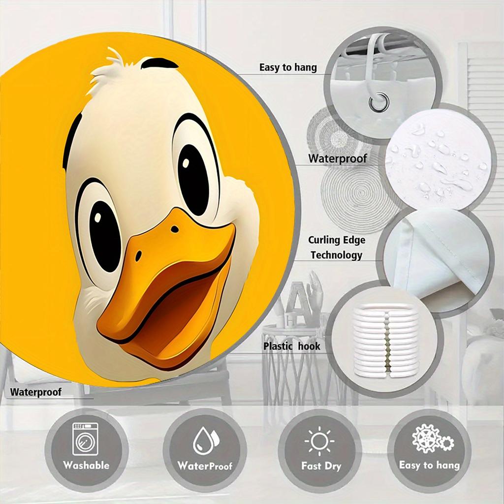 "1-Pack High Quality Yellow Duck Print Shower Curtain, Cute Cartoon Design, Bright Yellow Background,  Playful Bathroom Decor