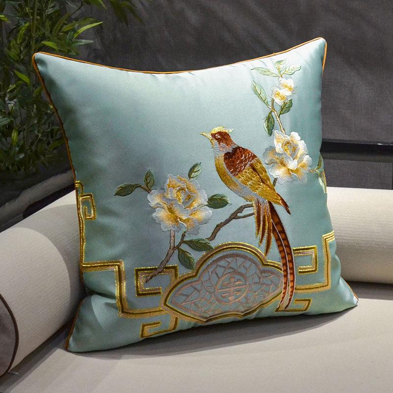 New Chinese-style Throw Pillows with Bird and Flower Embroidery Redwood Sofa Cushion Cover Large Cushion for Living Room Bed