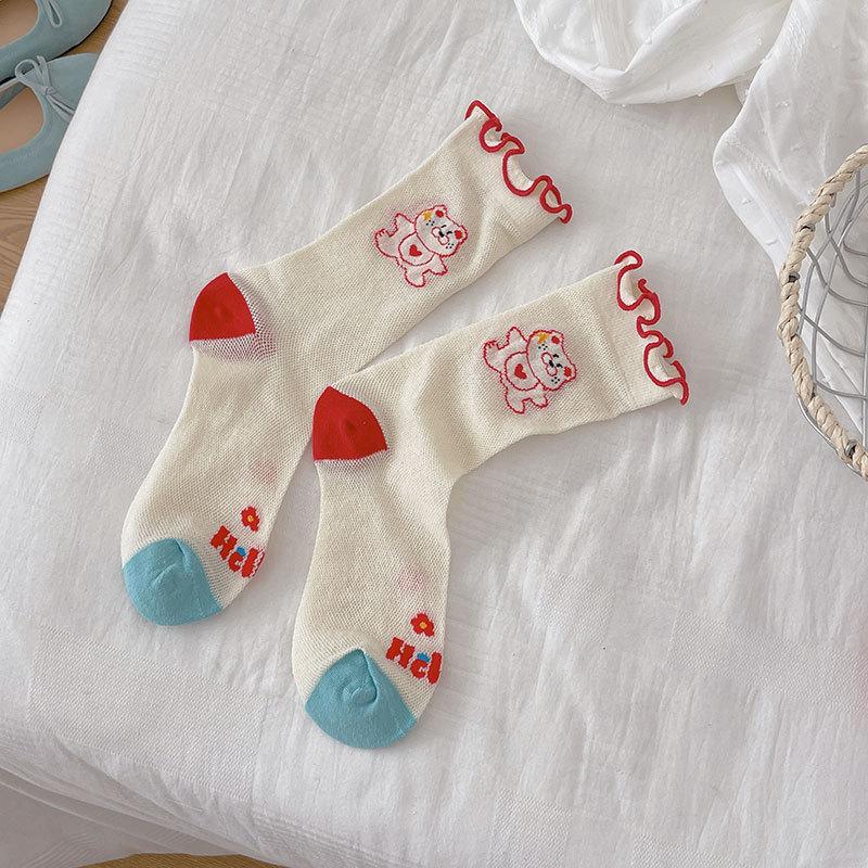 Süße Mädchen Netz dünne Socken Einfarbige Pünktchen Socken Süße Cartoon Bären Socken Baumwollsocken