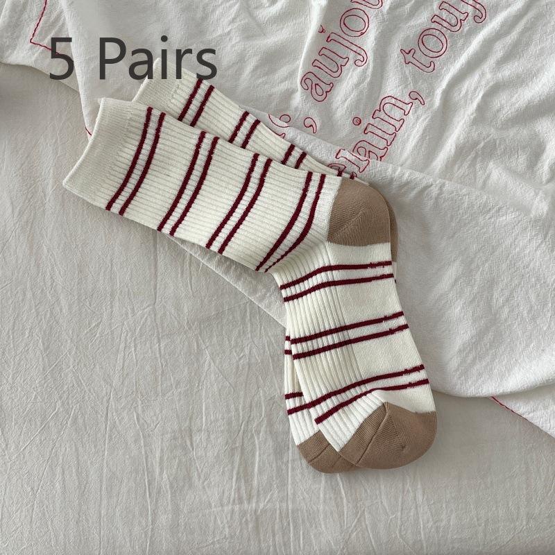 5 Pairs of Women's Spring and Autumn Striped Cotton Wicking Anti Pilling Mid Tube Socks