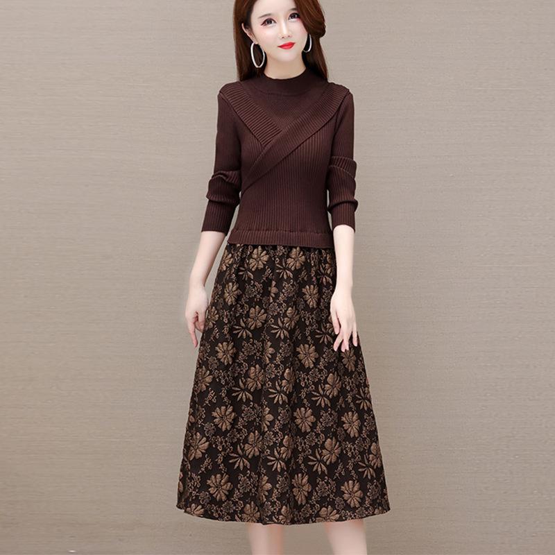 

Трикотажное платье с длинными рукавами, женское, в стиле вестерн, имитация двух частей, теплое трикотажное платье, повседневный свитер с длинными рукавами L коричневый