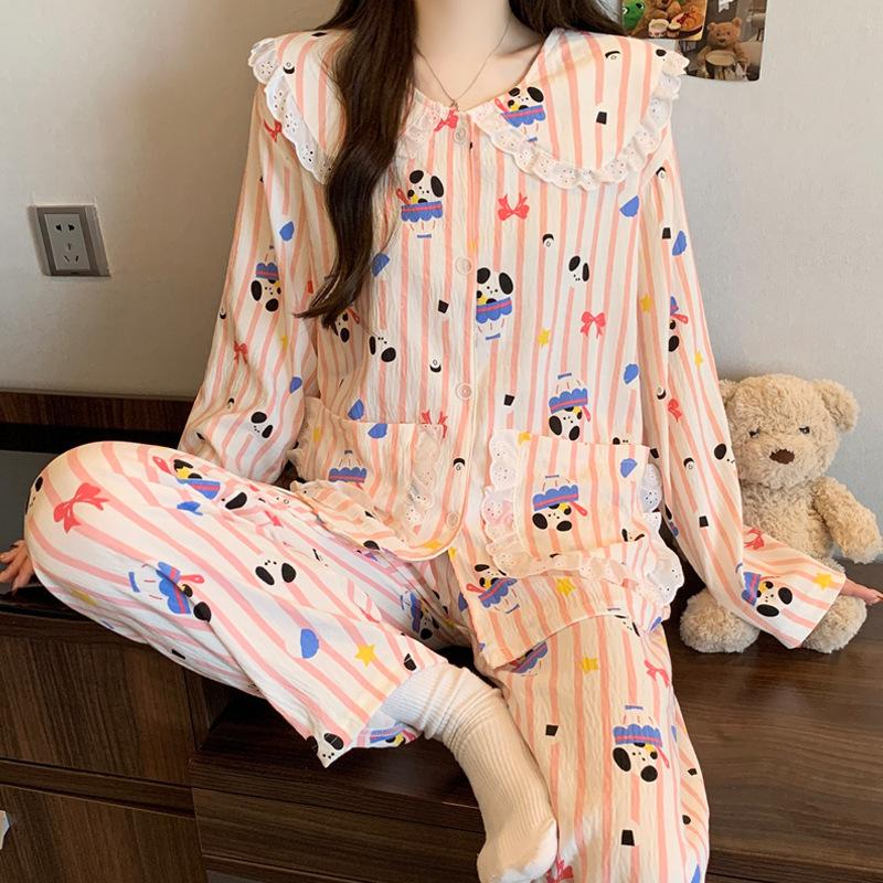 Cartoon Lace Doll Collar Cloud Cotton Long-Sleeved Pajamas Women'S Spring And Autumn Winter Sweet Wind Loungewear