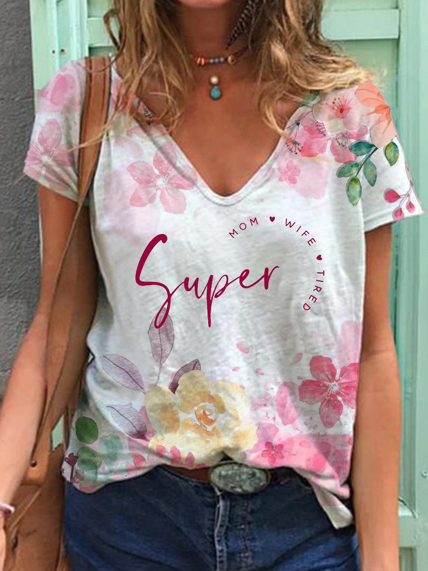 

Женская футболка с цветными блоками и V-образным вырезом, с 3D-принтом в виде свежего цветка 5XL