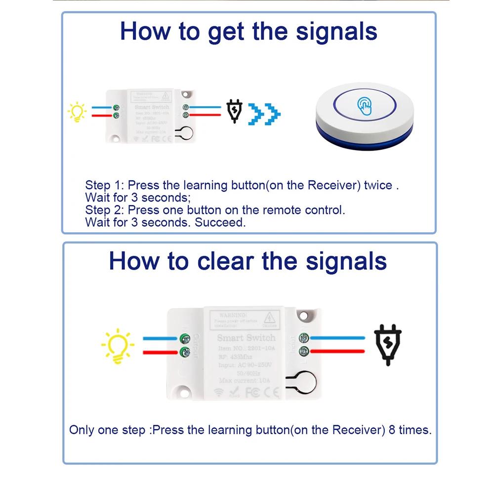 Wireless RF 433MHz Remote Control Switch AC 110V 220V 10A Relay Receiver and Round Button Transmitter for Light Lamp Fan ON OFF