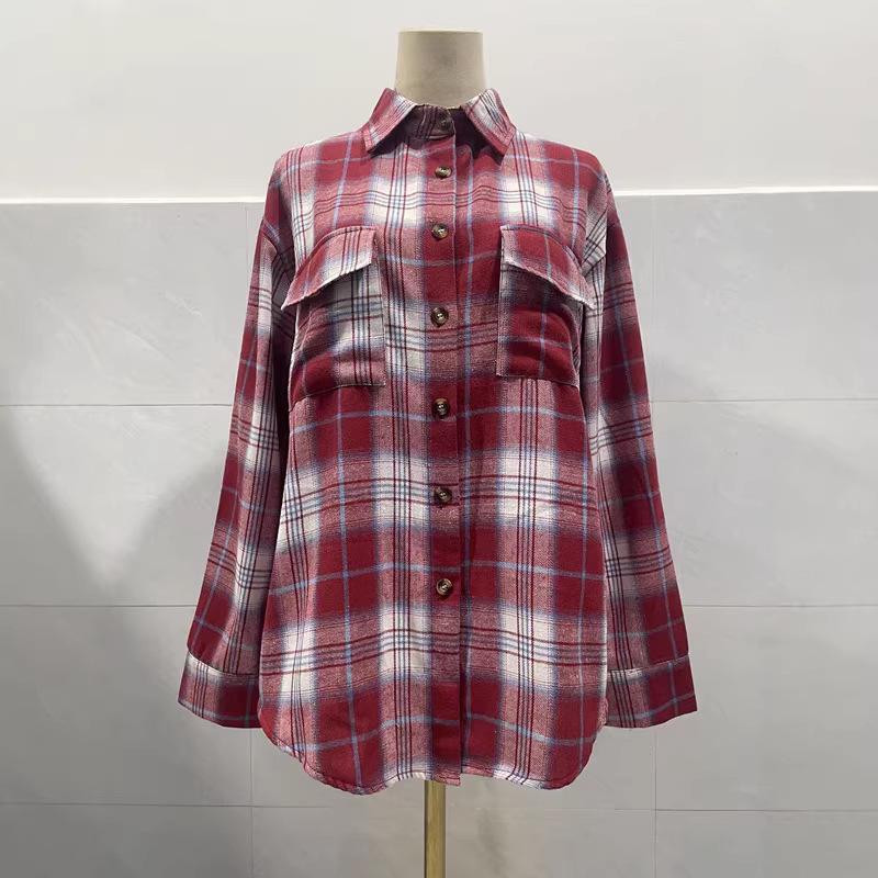 2025 Women's Cross-Border European and American Loose Plaid Pocket Shirt - Autumn/Winter Casual Fashion.
